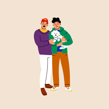 Two gay Guys or friends standing and holding a dog. Happy family portrait. Hand drawn colored Vector illustration. Adoption, parenting, friendship, lgbt concept