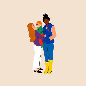 Two stylish young Ladies are standing and holding a little baby. Happy family portrait. Hand drawn colored Vector illustration. Adoption, parenting, lgbt concept