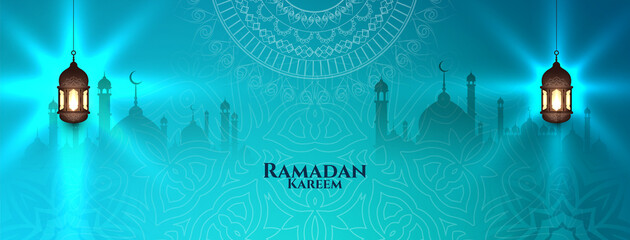 Ramadan Kareem islamic traditional glossy blue banner