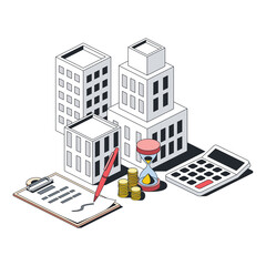 Investments in real estate, buildings, contract documentation, calculator, coins and hourglass, stroke illustration.Vector 3d line isometric, color web icons, new flat style. Creative design idea.