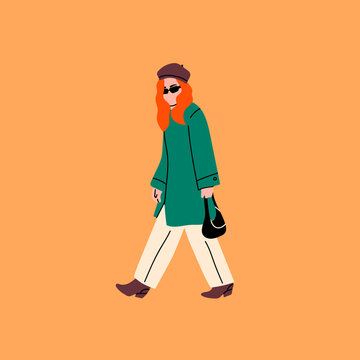 Cute young lady with red hair walking in trendy clothes and holding a purse. Side view. Modern fashion look. Hand drawn Vector trendy illustration. Flat design. Cartoon style. Poster or print template