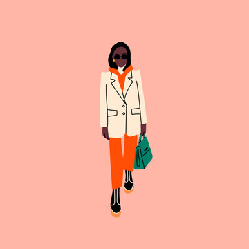 Cute black lady standing in trendy clothes and holding a purse or shopper. Front view. Modern fashion look. Hand drawn Vector trendy illustration. Flat design. Cartoon style. Poster or print template
