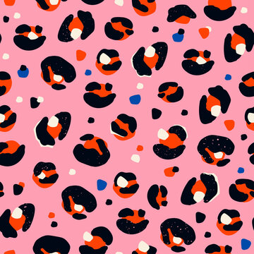 Pink Leopard fur. Wild animal texture. Hand drawn spots. Abstract contemporary seamless Pattern. Background, wallpaper. Modern illustration in Vector. Perfect for textile prints or wrapping paper