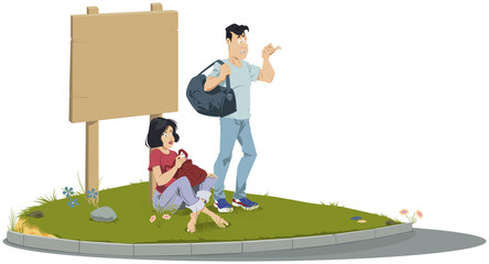 Young Hitchhikers with backpacks. Illustration for internet and mobile website.