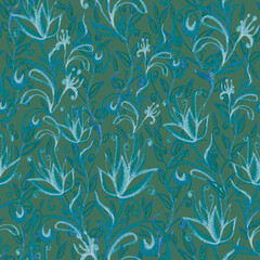 Seamless pattern of leaves and flowers on a green background. Hand drawing, curls, smooth lines, elegant print. Design for Wallpaper, fabric, textiles, packaging, wedding design.