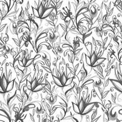 Seamless black pattern of leaves and flowers on a white background. Hand drawing, curls, smooth lines, elegant print. Design for Wallpaper, fabric, textiles, packaging, wedding design.