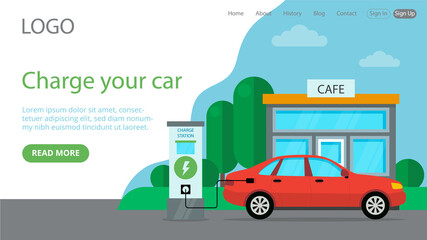 Vector Illustration In Flat Cartoon Style. Landing Web Page Layout Composition With Writings And Objects. Car Charge Idea Design. Big Red Automobile At Electrical Charge Station, Cafe At Background