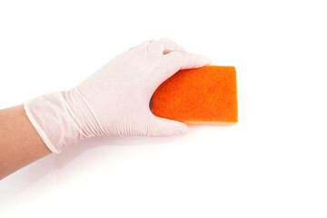 hand in glove holds kitchen sponge isolated on white