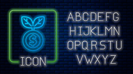Glowing neon Dollar plant icon isolated on brick wall background. Business investment growth concept. Money savings and investment. Neon light alphabet. Vector