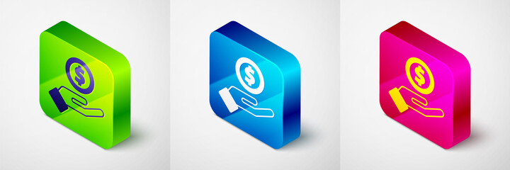 Isometric Human hand giving money icon isolated on grey background. Receiving money icon. Square button. Vector