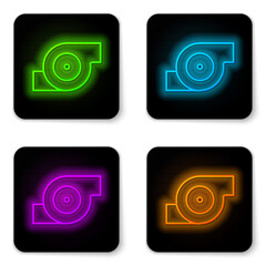 Glowing neon line Automotive turbocharger icon isolated on white background. Vehicle performance turbo. Turbo compressor induction. Black square button. Vector