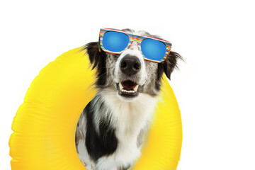 dog summer going on vacation inside of yellow inflatable float pool and wearing sunglasses. Happy...