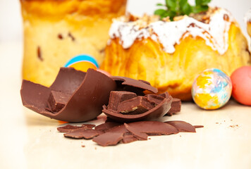broken chocolate easter egg on white background