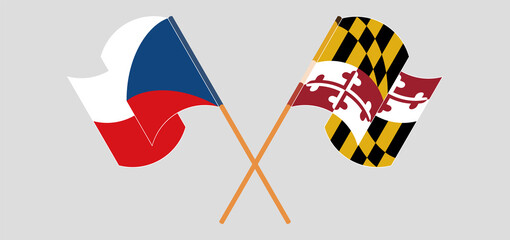 Crossed and waving flags of Czech Republic and the State of Maryland