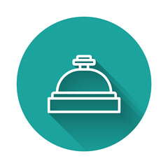 White line Hotel service bell icon isolated with long shadow background. Reception bell. Green circle button. Vector