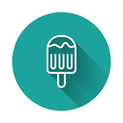 White line Ice cream on stick icon isolated with long shadow background. Sweet symbol. Green circle button. Vector