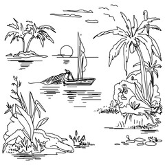 Beautiful tropical island sketch on white background. Landscape with palm trees,beach and ocean vector hand drawn style. Black and white linear landscape