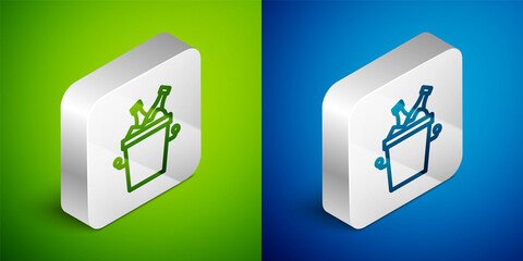 Isometric line Beer bottles in ice bucket icon isolated on green and blue background. Silver square button. Vector