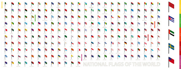 Isometric flags sorted alphabetically and by continent. 3D flag collection. © boldg