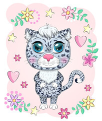 Cartoon snow leopard with expressive eyes among flowers, hearts, decorative elements. Wild animals, character, childish cute style.