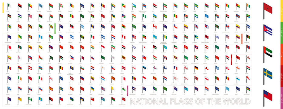 Isometric flags sorted alphabetically and by continent. 3D flag collection.
