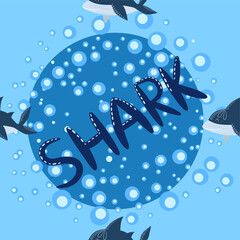 Shark in Scandinavian style surrounded by fish, starfish, seaweed, seashells, hand drawn