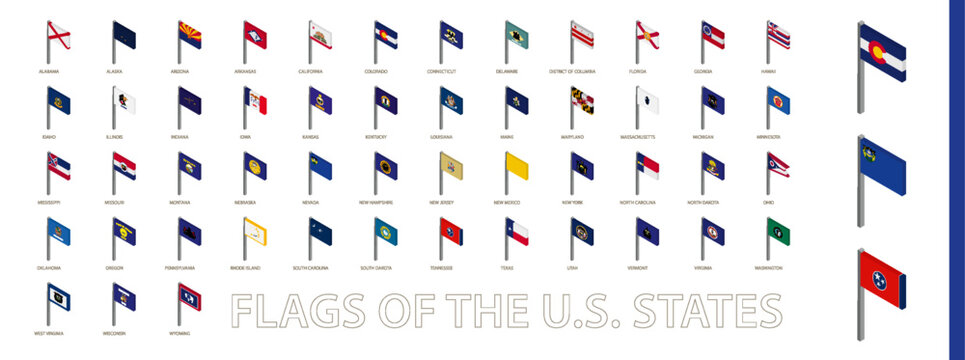 Isometric flags of US states sorted alphabetically. 3D flag collection.