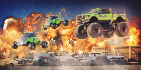 3D rendering of a brand-less generic monster truck doing stunts