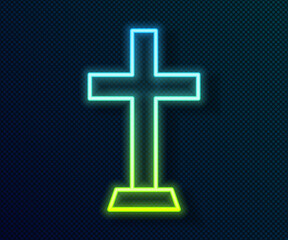Obraz premium Glowing neon line Christian cross icon isolated on black background. Church cross. Vector