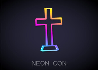 Glowing neon line Christian cross icon isolated on black background. Church cross. Vector