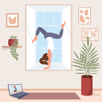 Woman does yoga in cozy modern interior. Online yoga lesson at home. Beautiful girl in sportswear performs handstand on windowsill. Stay at home concept. Vector illustration in flat style