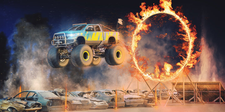 3D rendering of a brand-less generic monster truck doing stunts © Andrus Ciprian