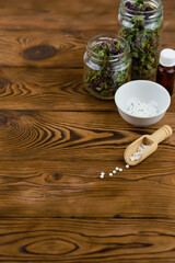 Homeopathy alternative medicine eco concept - classical homeopathy pills. Homeopathic globules and healing herbs. Wooden background. 