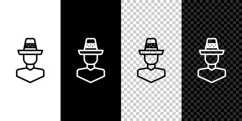 Set line Mexican man wearing sombrero icon isolated on black and white,transparent background. Hispanic man with a mustache. Vector