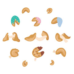 Fortune chinese cookies on white background. Flat food set with paper template. Cartoon vector illustration.