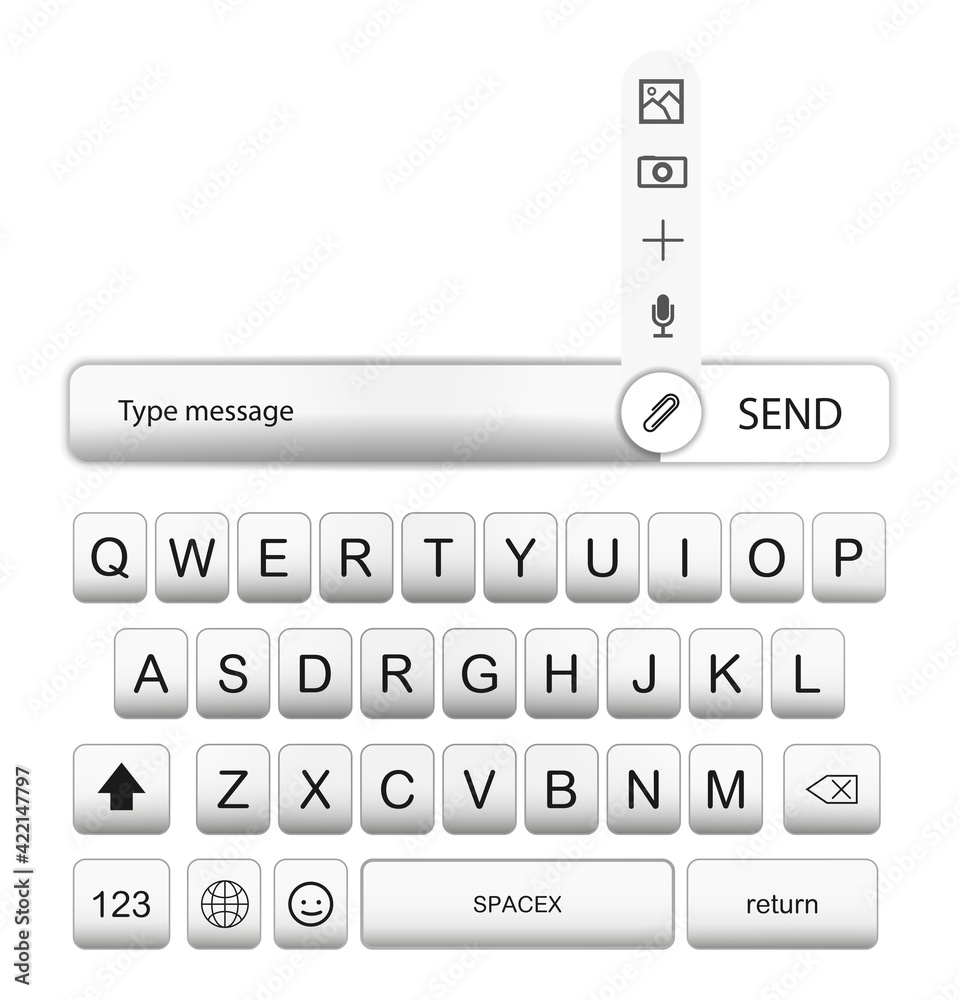 Aufkleber UI keyboard for Mobile phone, smartphone. White realistic  mobile phone buttons with shadow. Alphabet, numbers and icons for messenger. UI UX KIT keyboard. Mockup phone buttons. Vector illustration