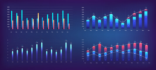 Futuristic graphs for App UI, UX, KIT. Modern infographic, charts and diagrams. Financial statistics and analytics progress scale panel. Futuristic User Interface graphics for UI. Vector set