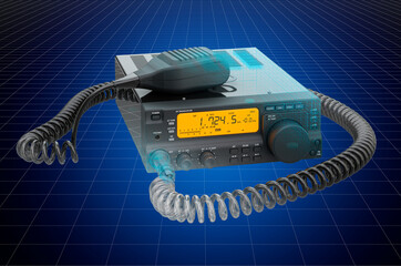 Visualization 3d cad model of Amateur radio transceiver with push-to-talk microphone switch, blueprint. 3D rendering