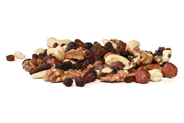 Trail mix, nuts and raisins snack mix. Healthy natural, organic student fodder in close-up, isolated on white.
