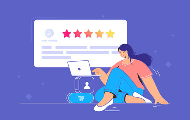Consumer review for comment and rate a service or goods. Flat vecor illustration of smiling woman sitting with laptop and reading testimonials or leaving comment. Customer feedback and rating 5 stars