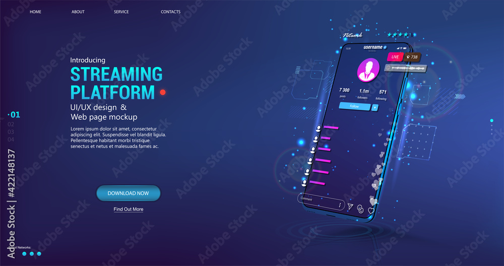 Poster Live video stream on mobile phone. Online broadcast with chat, likes and emoji. Video stream online on smartphone with user interface app - streaming platform. Mobile phone with UI flat. Vector 