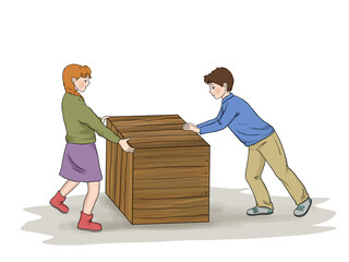 science lesson subject, illustration of two child showing push and pull force.two school students using push and pull force to move assets.