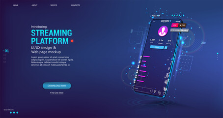 Live video stream on mobile phone. Online broadcast with chat, likes and emoji. Video stream online on smartphone with user interface app - streaming platform. Mobile phone with UI flat. Vector 