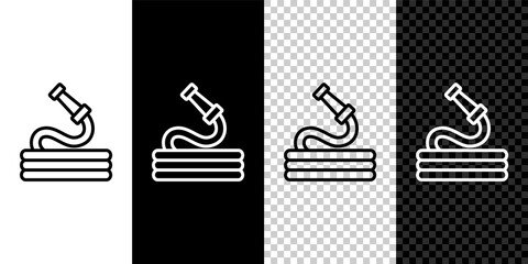 Set line Garden hose icon isolated on black and white, transparent background. Spray gun icon. Watering equipment. Vector