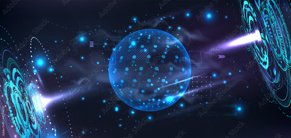 Aufkleber Futuristic lab with holograms and a 3D bubble shield to present your product in futuristic cyberspace background. Template blank Dome or sphere with HUD interface. Cover in cyberpunk style. Vector 