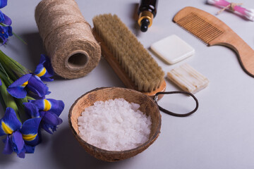 Eco friendly washing  bathroom accessories on grey background.  Eco friendly, zero waste concept.