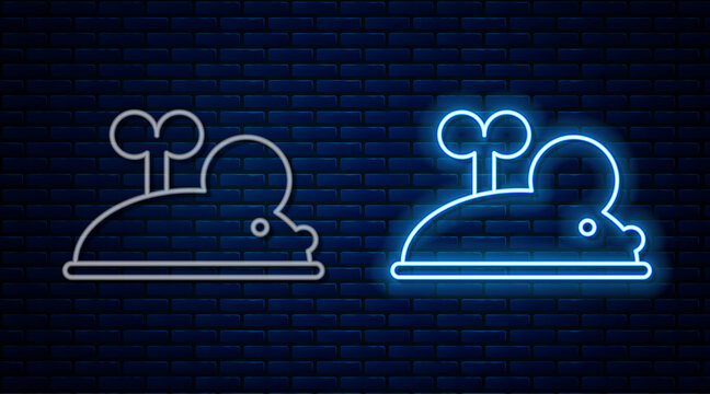 Glowing Neon Line Clockwork Mouse Icon Isolated On Brick Wall Background. Wind Up Mouse Toy. Vector