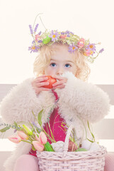 easter hunt girl eggs and flower basket