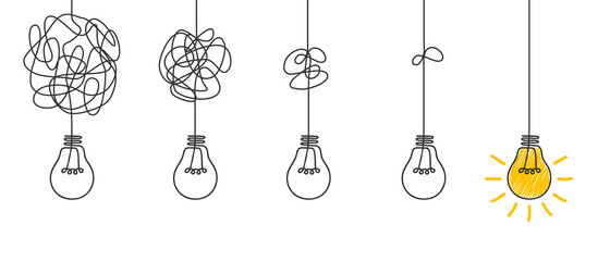 Idea concept, creative of simplifying complex process lightbulb, bulb sign, innovations, untangled of problem. Keep it simple business concept for project management, marketing, creativity - vector - obrazy, fototapety, plakaty
