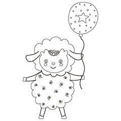 Children's black and white illustration of a cute joyful blue sheep holding a balloon. For coloring book or page. Vector.